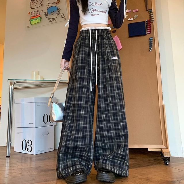 Cloud Nine-Drawstring Waist Plaid Wide Leg Pants