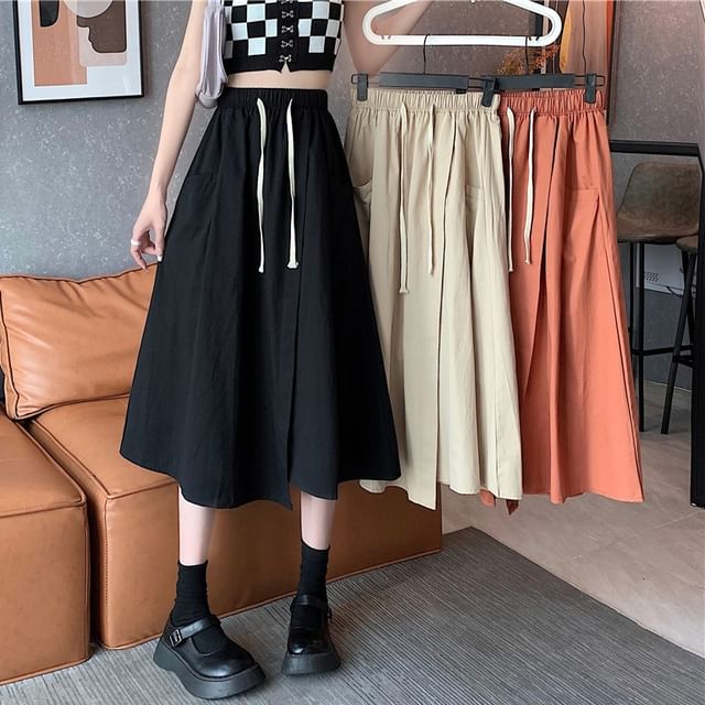 Cloud Nine-Drawstring Waist Plain Asymmetrical Midi A-Line Skirt
