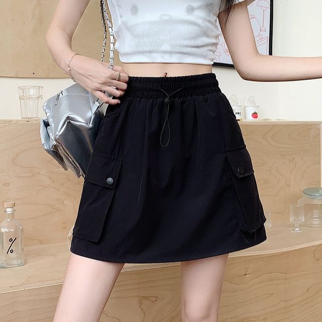 Cloud Nine-Drawstring Waist Plain Mini A-Line Cargo Skort