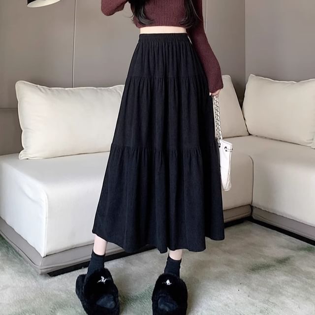 Cloud Nine-Elastic Waist Plain Midi A-Line Skirt