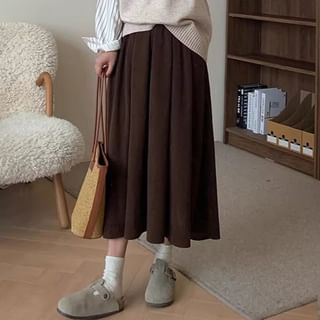 Cloud Nine-Elastic Waist Plain Midi A-Line Skirt