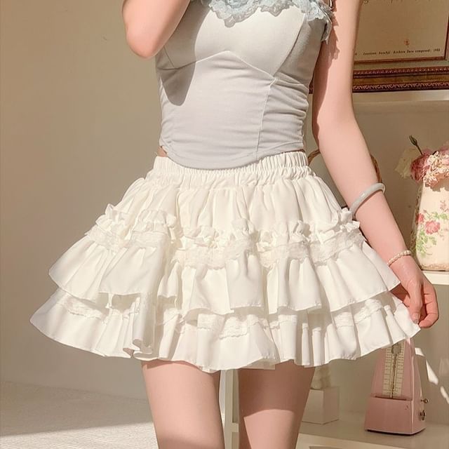 Cloud Nine-Elastic Waist Plain Ruffle Tiered Mini A-Line Skirt