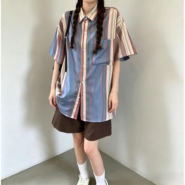 Cloud Nine-Elbow-Sleeve Collared Striped Button Up Loose Fit Shirt