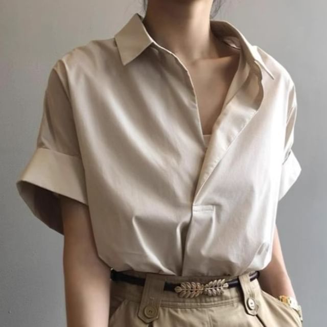 Cloud Nine-Elbow-Sleeve V-Neck Collared Plain Blouse