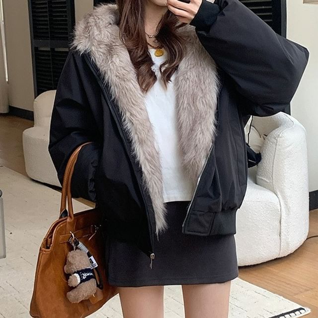 Cloud Nine-Faux Fur Lining Hood Zip Jacket