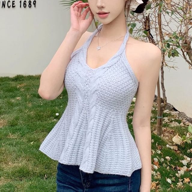 Cloud Nine-Halter Neck Plain Cable Knit Plain Camisole Top