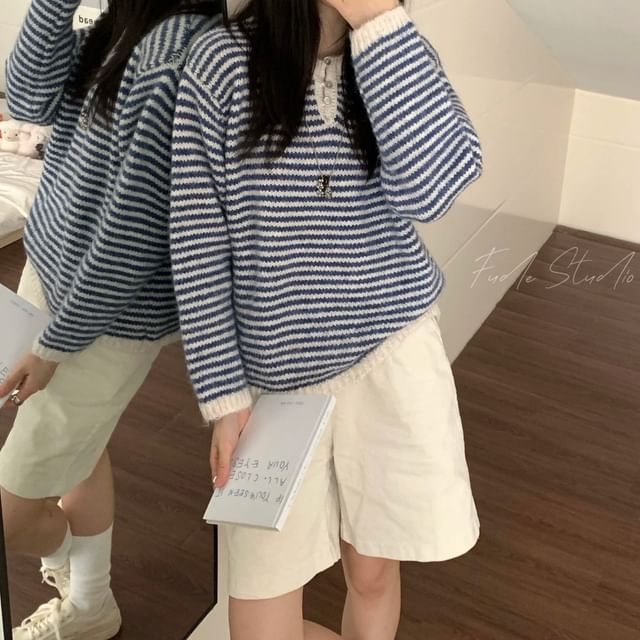Cloud Nine-Henley Striped Sweater