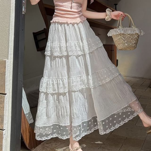 Cloud Nine-High Waist Lace Panel Tiered Midi A-Line Skirt