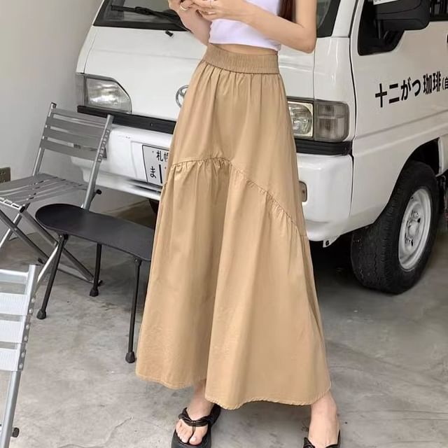 Cloud Nine-High Waist Plain Ruched Midi A-Line Skirt