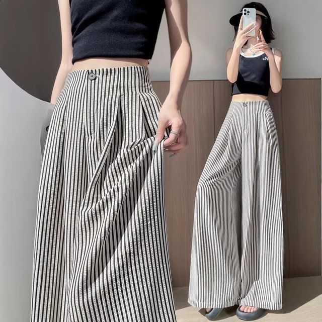 Cloud Nine-High Waist Striped Pleated Wide Leg Pants