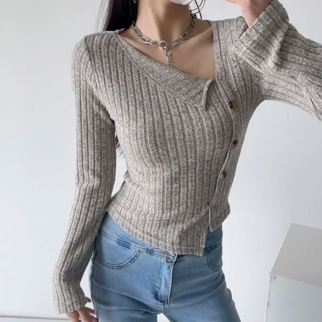 Cloud Nine-Long-Sleeve Asymmetrical Plain Ribbed Button-Up Knit Top