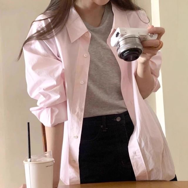 Cloud Nine-Long-Sleeve Button-Up Plain Shirt