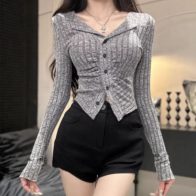 Cloud Nine-Long-Sleeve Button-Up Plain Top