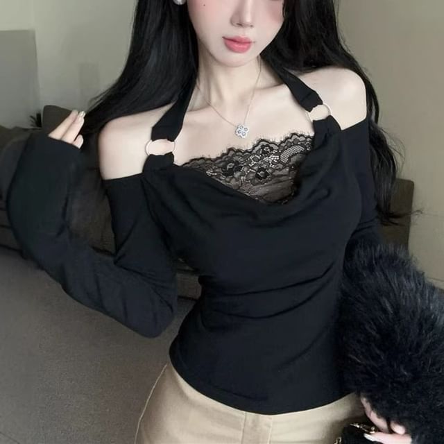 Cloud Nine-Long Sleeve Cold Shoulder Plain Panel Lace Top