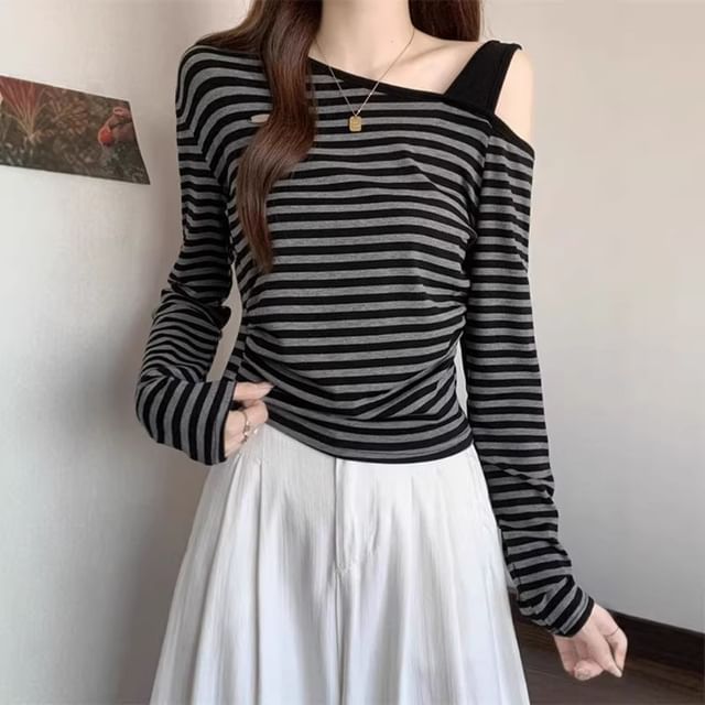 Cloud Nine-Long-Sleeve Cold Shoulder Striped Tee