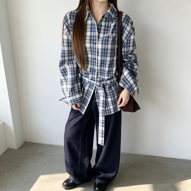 Cloud Nine-Long-Sleeve Collared Plaid Belted Long Shirt