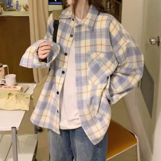Cloud Nine-Long Sleeve Collared Plaid Button Up Oversized Shirt