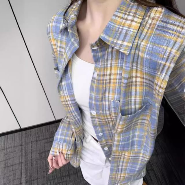 Cloud Nine-Long Sleeve Collared Plaid Button Up Shirt