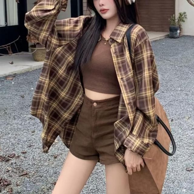 Cloud Nine-Long-Sleeve Collared Plaid Button Up Shirt