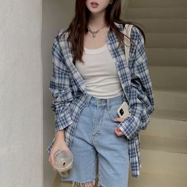 Cloud Nine-Long Sleeve Collared Plaid Oversized Shirt