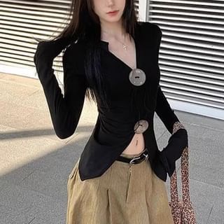Cloud Nine-Long-Sleeve Collared Plain Crop Top