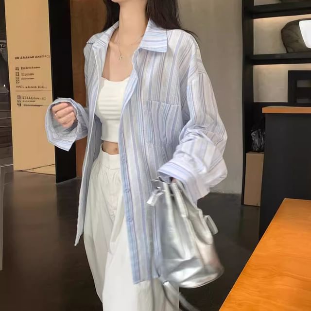 Cloud Nine-Long Sleeve Collared Striped Button Up Oversized Shirt