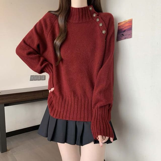 Cloud Nine-Long-Sleeve High Neck Plain Button Detail Sweater