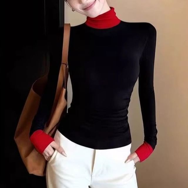 Cloud Nine-Long Sleeve Mock Neck Two Tone Top