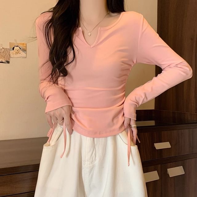 Cloud Nine-Long-Sleeve Notch Neck Plain Drawstring Slim Fit Tee