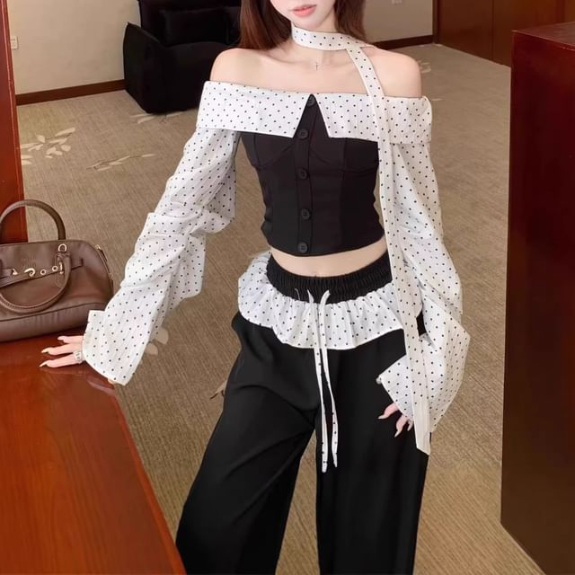 Cloud Nine-Long-Sleeve Off Shoulder Dotted Crop Blouse Drawstring Waist Ruffle Trim Wide Leg Pants Light Scarf Set