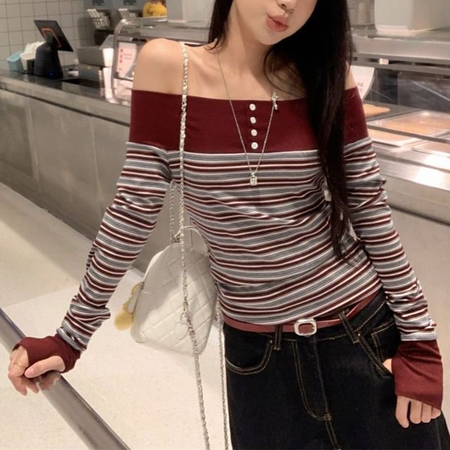 Cloud Nine-Long-Sleeve Off Shoulder Striped Top