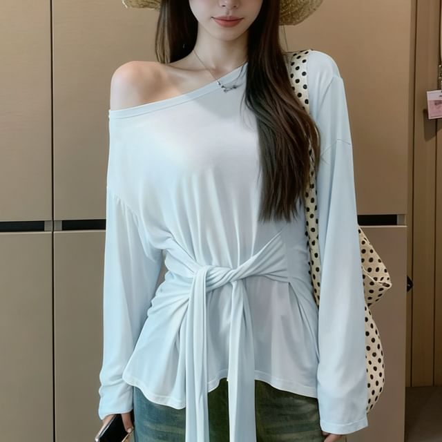 Cloud Nine-Long Sleeve One Shoulder Plain Tie-Up Top