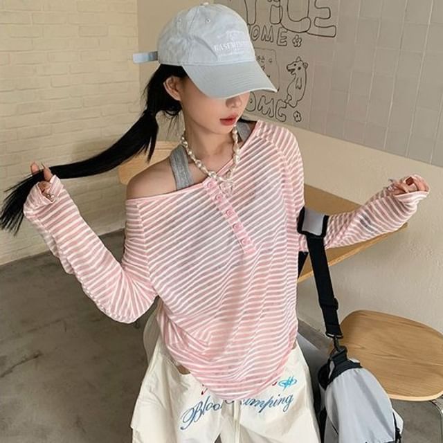 Cloud Nine-Long Sleeve One Shoulder Striped Button T-Shirt