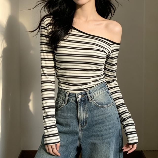 Cloud Nine-Long Sleeve One Shoulder Striped Top