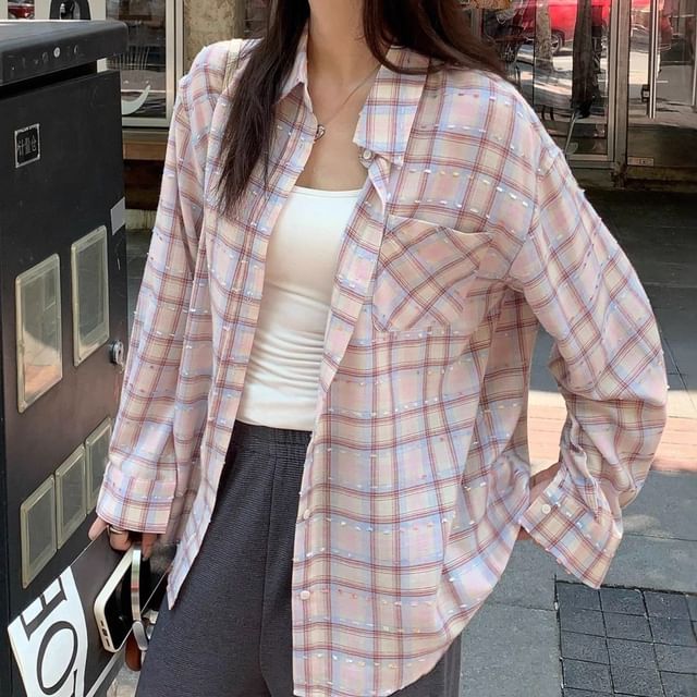 Cloud Nine-Long-Sleeve Plaid Button-Up Shirt