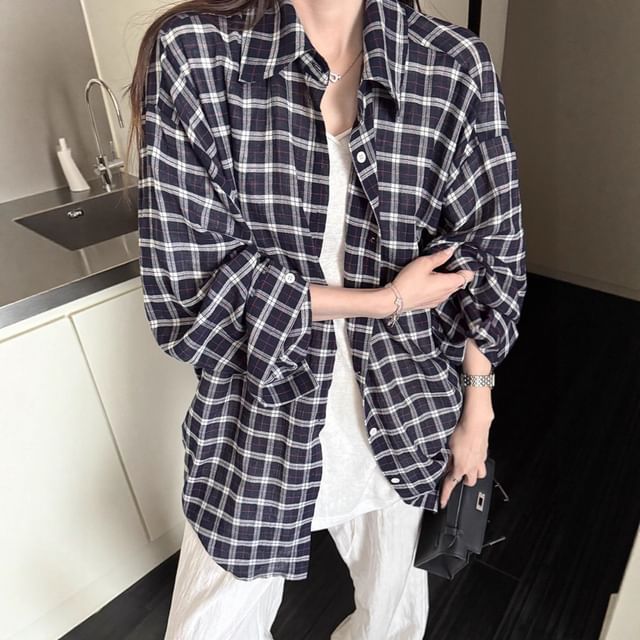 Cloud Nine-Long-Sleeve Plaid Button-Up Shirt