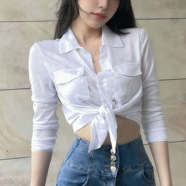 Cloud Nine-Long-Sleeve Plain Crop Shirt