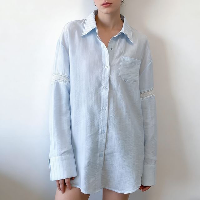 Cloud Nine-Long-Sleeve Pocketed Striped Shirt