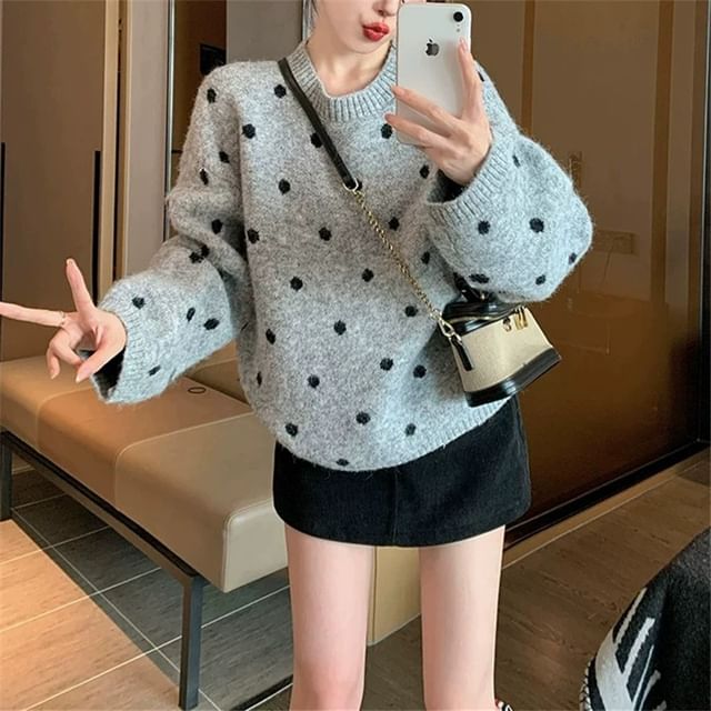 Cloud Nine-Long-Sleeve Round Neck Dotted Sweater