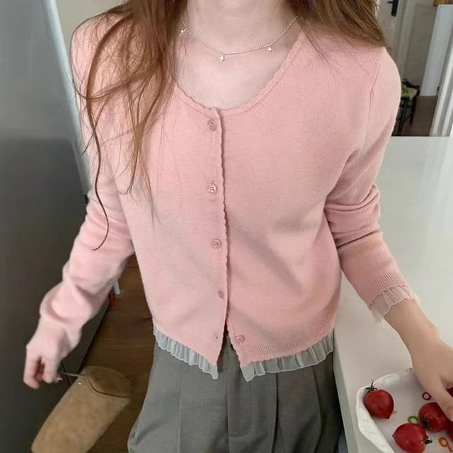 Cloud Nine-Long-Sleeve Round Neck Plain Ruffle Trim Button Up Knit Top