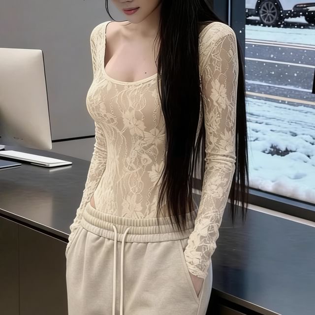 Cloud Nine-Long-Sleeve Scoop Neck Lace Bodysuit Top