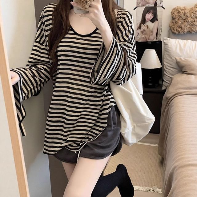 Cloud Nine-Long-Sleeve Scoop Neck Striped Tee