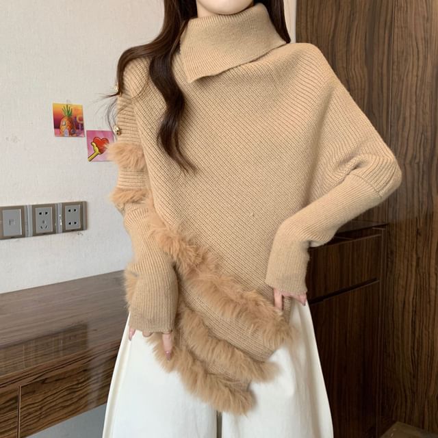 Cloud Nine-Long-Sleeve Turtleneck Plain Asymmetrical Fluffy Panel Knit Top