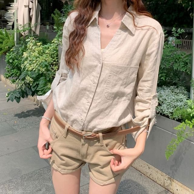 Cloud Nine-Long-Sleeve V-Neck Collared Button-Up Plain Blouse