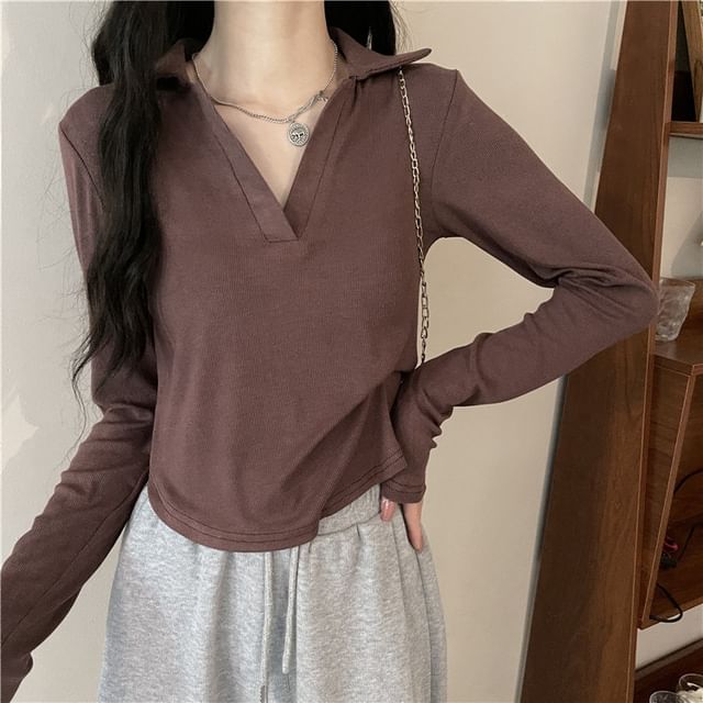 Cloud Nine-Long-Sleeve V-Neck Collared Plain Ribbed Crop T-Shirt