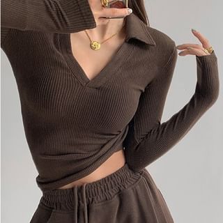 Cloud Nine-Long-Sleeve V-Neck Plain Polo Shirt
