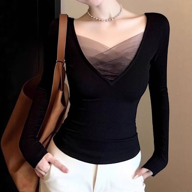 Cloud Nine-Long Sleeve V-Neck Sheer Panel Top