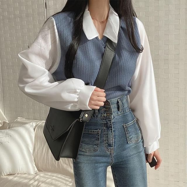 Cloud Nine-Long-Sleeve V-Neck Two Tone Mock Two-Piece Blouse