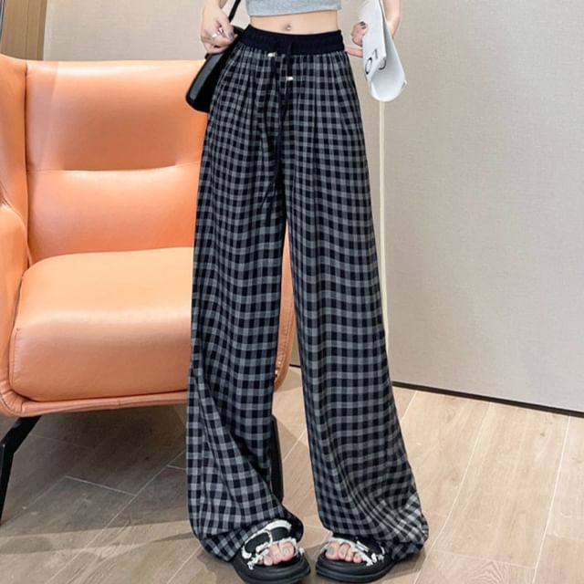 Cloud Nine-Mid Rise Plaid Wide Leg Pants