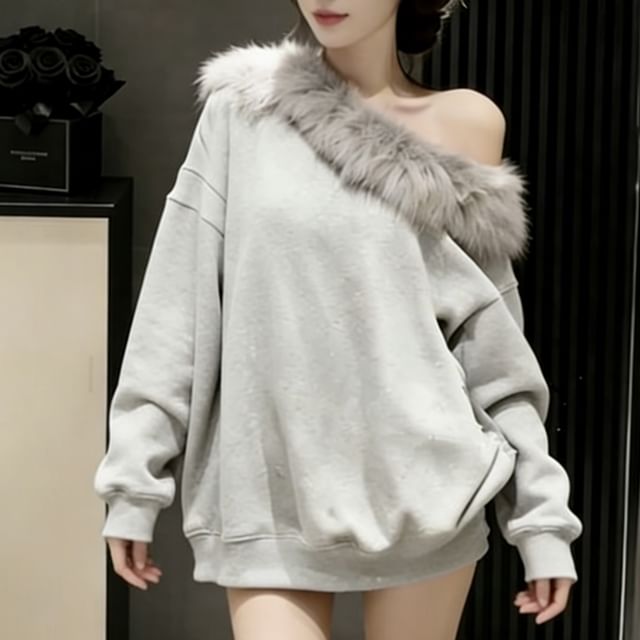 Cloud Nine-Off Shoulder Fluffy Trim Oversized Pullover